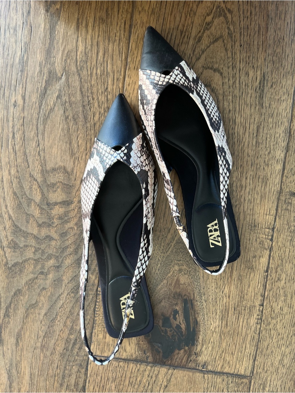 ZARA Snake-Print Pointed Toe Slingback Flats
